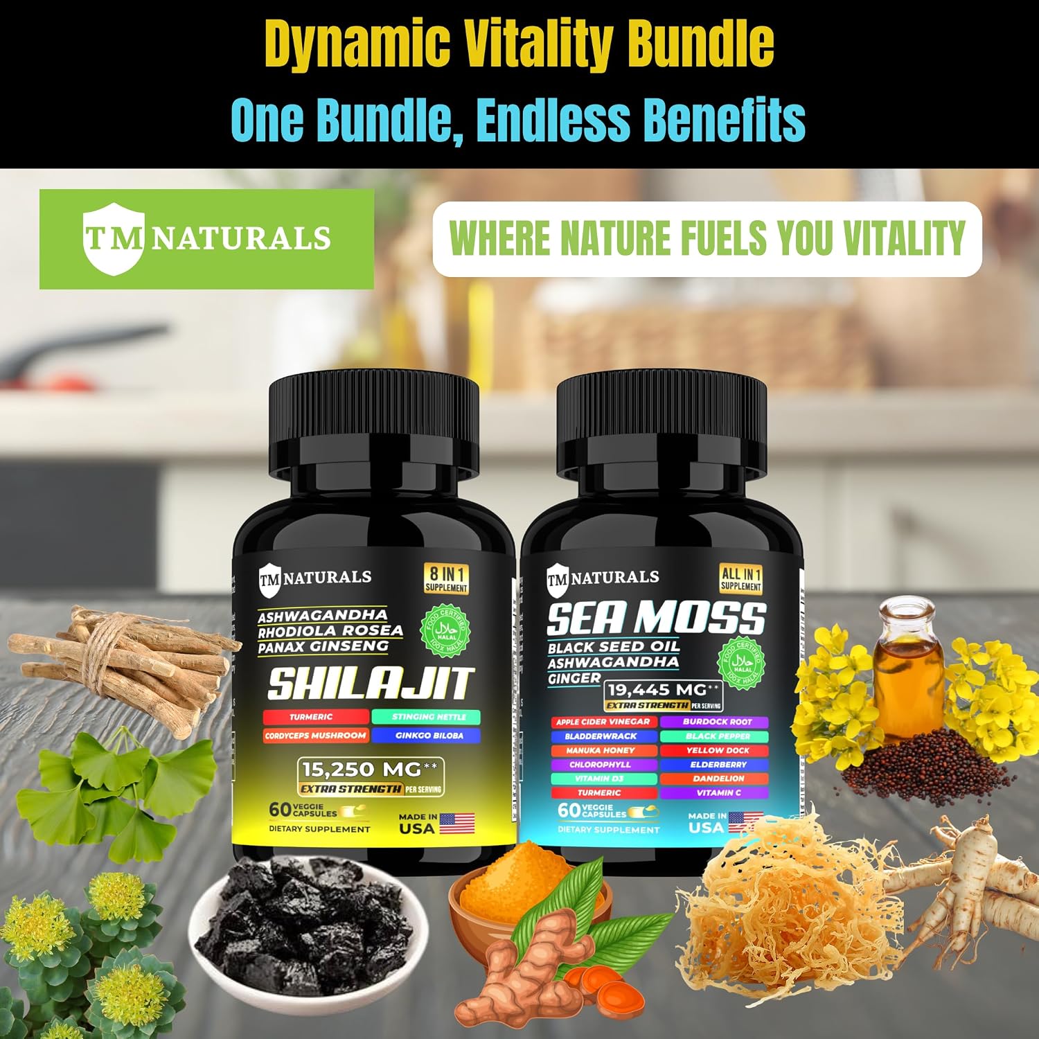 TM NATURALS - Cápsulas de Sea Moss, Shilajit, Aceite de Semilla Negra, Ashwagandha y Jengibre - 120 Cápsulas