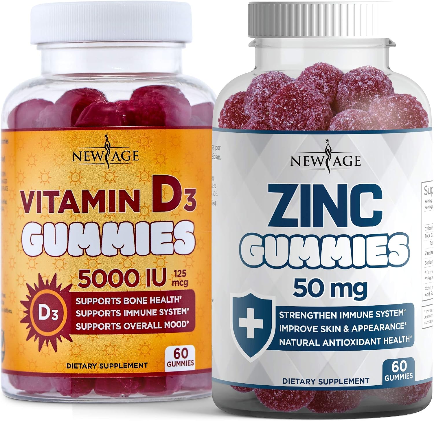 NEW AGE Immune Defense Combo – 2 unidades – Gomitas de Vitamina D3 5000 UI y Gomitas de Zinc de Alta Potencia, 120 unidades