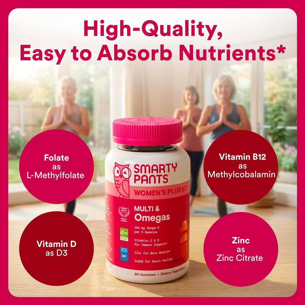 SmartyPants Women's Plus 50+ Multi & Omegas Multivitamínico Gummies con Omega 3 DHA/EPA, Metilfolato, CoQ10 - 90 Gominolas