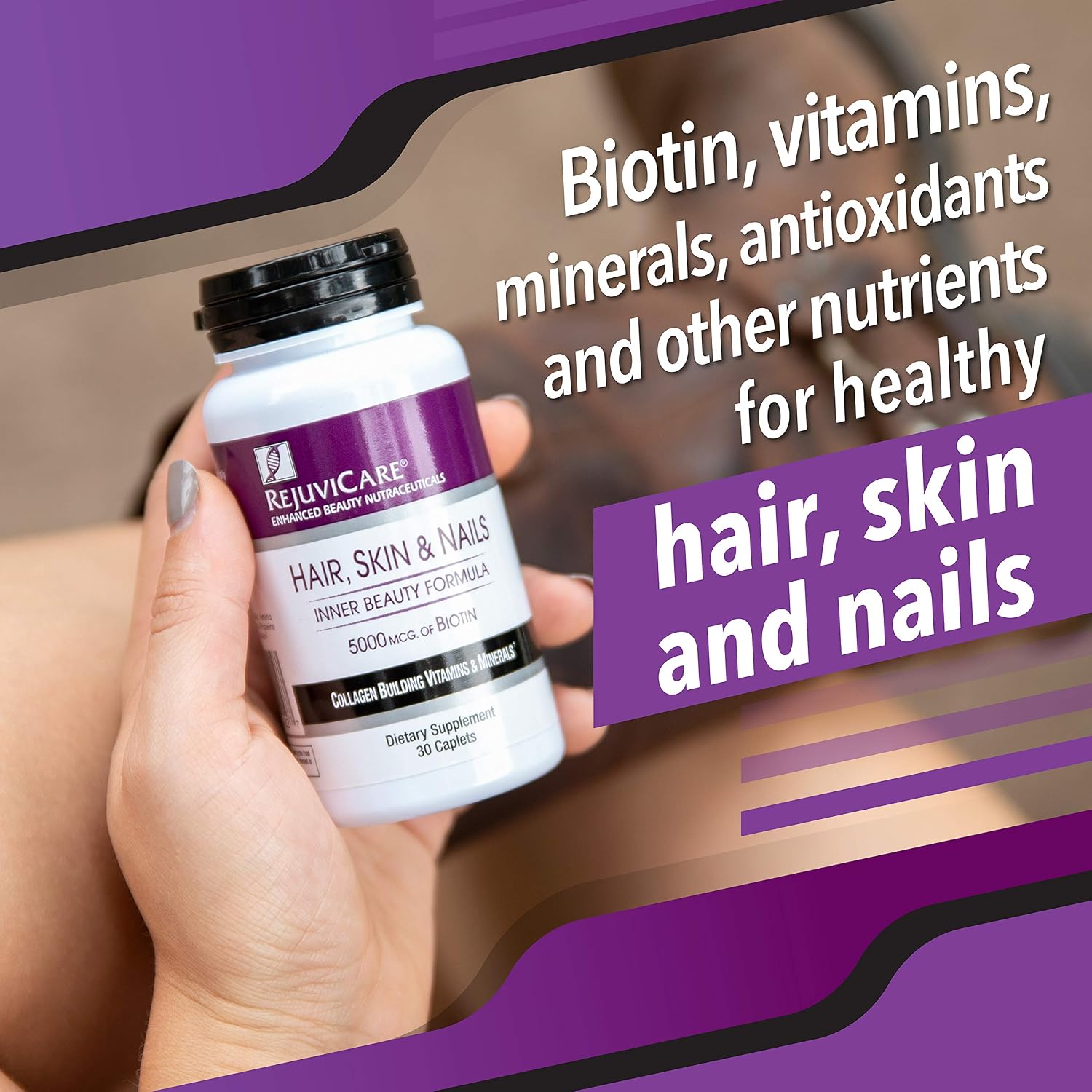 Rejuvicare Hair, Skin & Nails - Biotina 5000 mcg, Zinc y Folato - 30 cápsulas