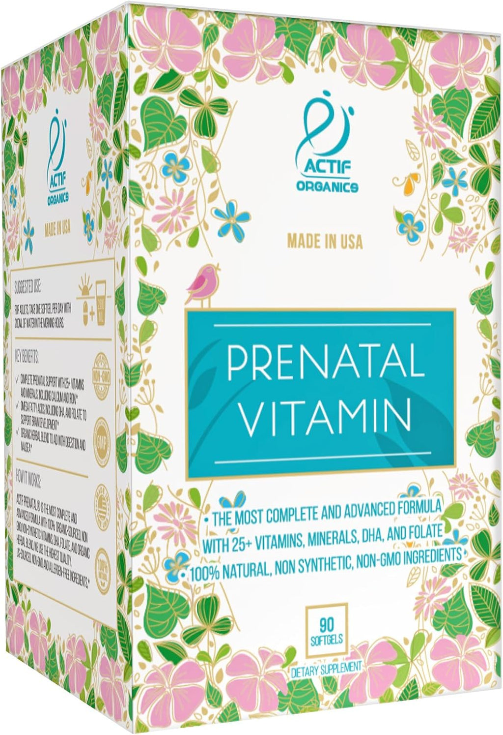 Actif Organic Prenatal Vitamins with 25+ Vitamins, DHA, EPA and Omega 3 - 90 Capsules