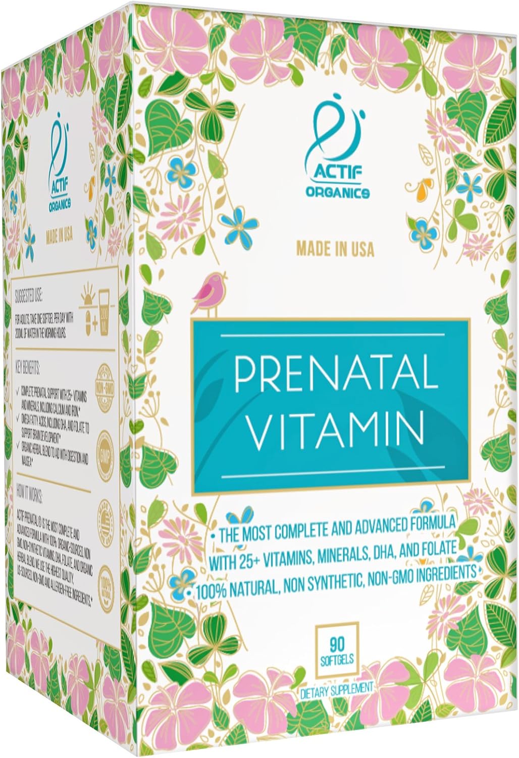 Actif Organic Prenatal Vitamins with 25+ Vitamins, DHA, EPA and Omega 3 - 90 Capsules