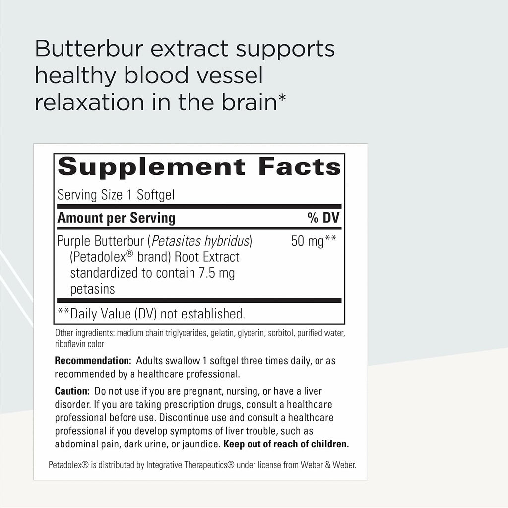 Integrative Therapeutics Petadolex - Suplemento para el cerebro con extracto de petasita - Sin gluten y sin lácteos - 60 perlas blandas