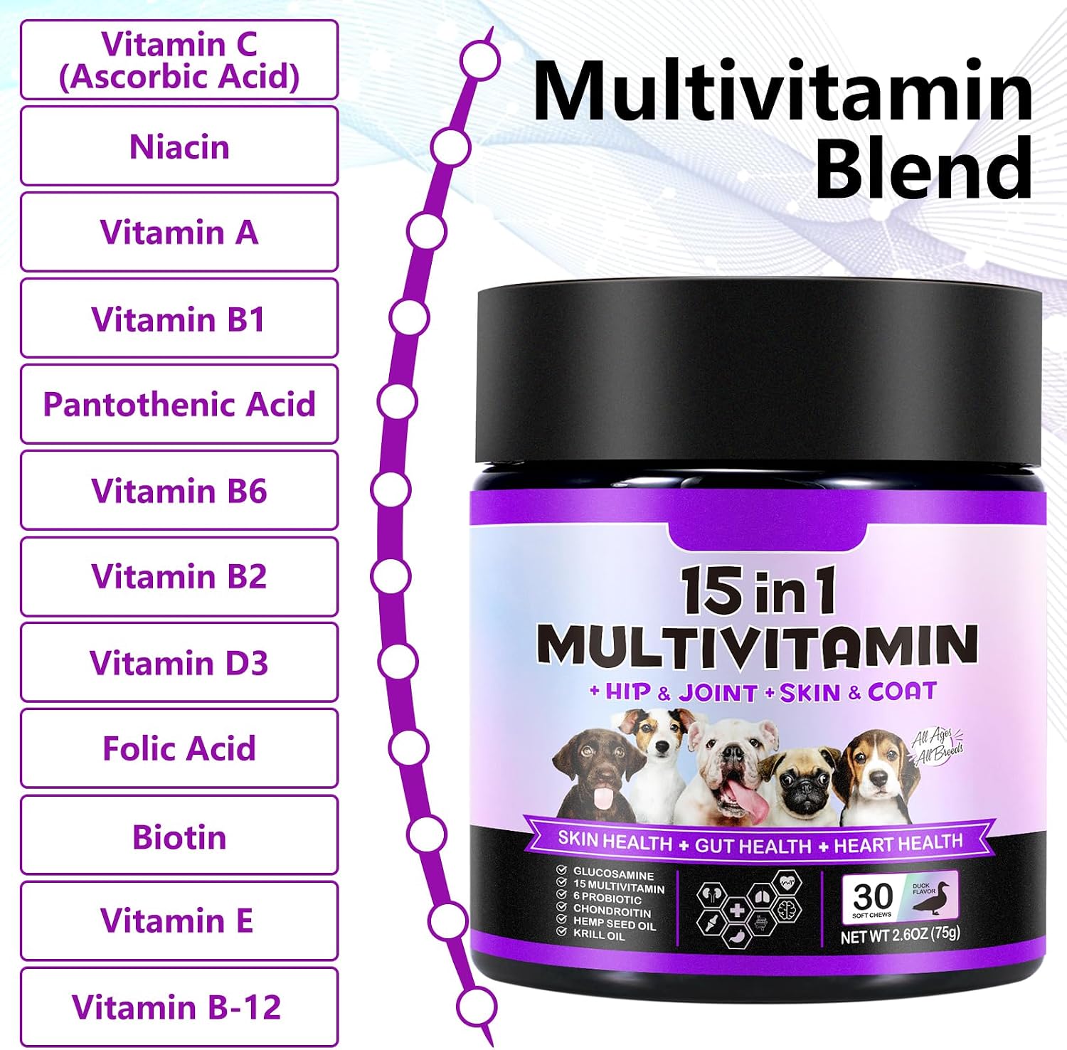 IKZEE Multivitamínico Masticable para Perros 15 en 1 – Suplemento Diario con Glucosamina y Probióticos, Sabor a Pato, 150 Comprimidos