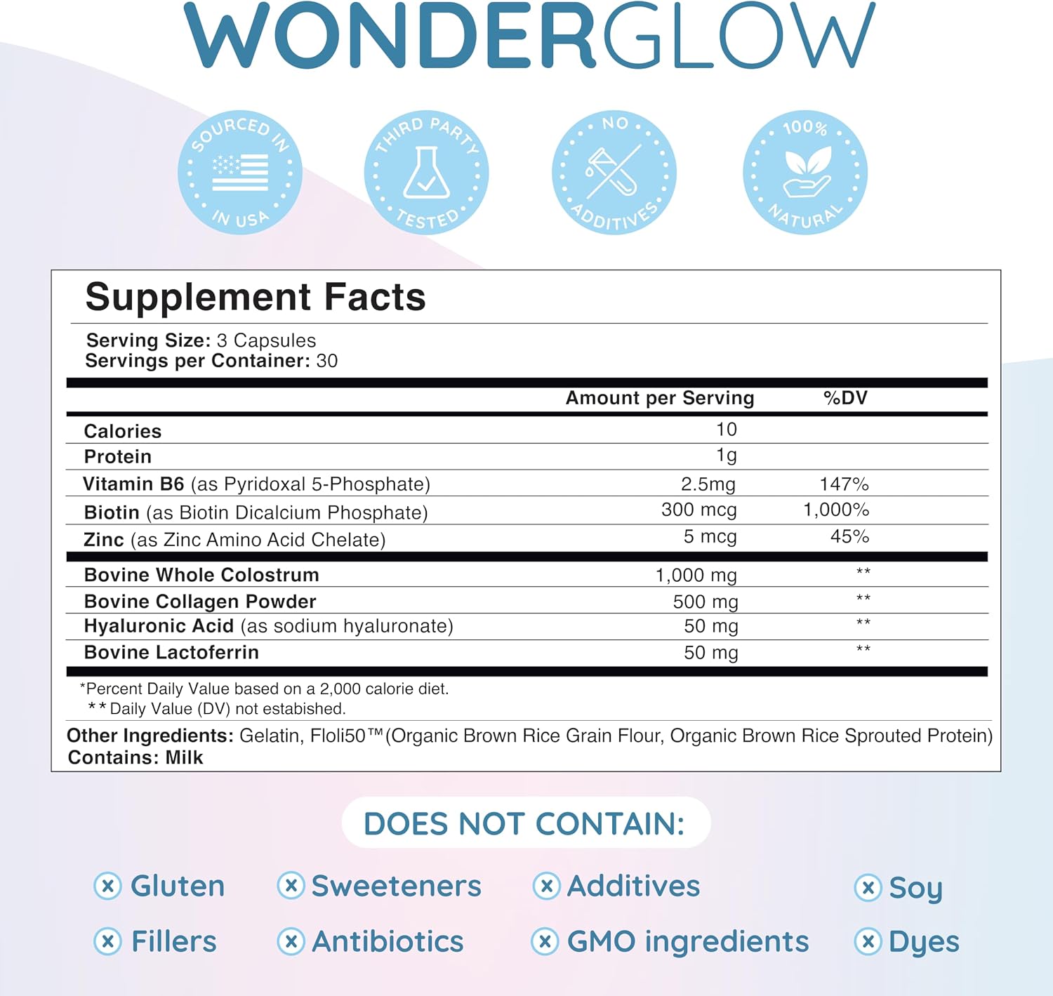 WonderCow Biotina para Cabello, Piel y Uñas con Calostro Bovino, Colágeno, Ácido Hialurónico, Zinc y Lactoferrina | 30 Cápsulas