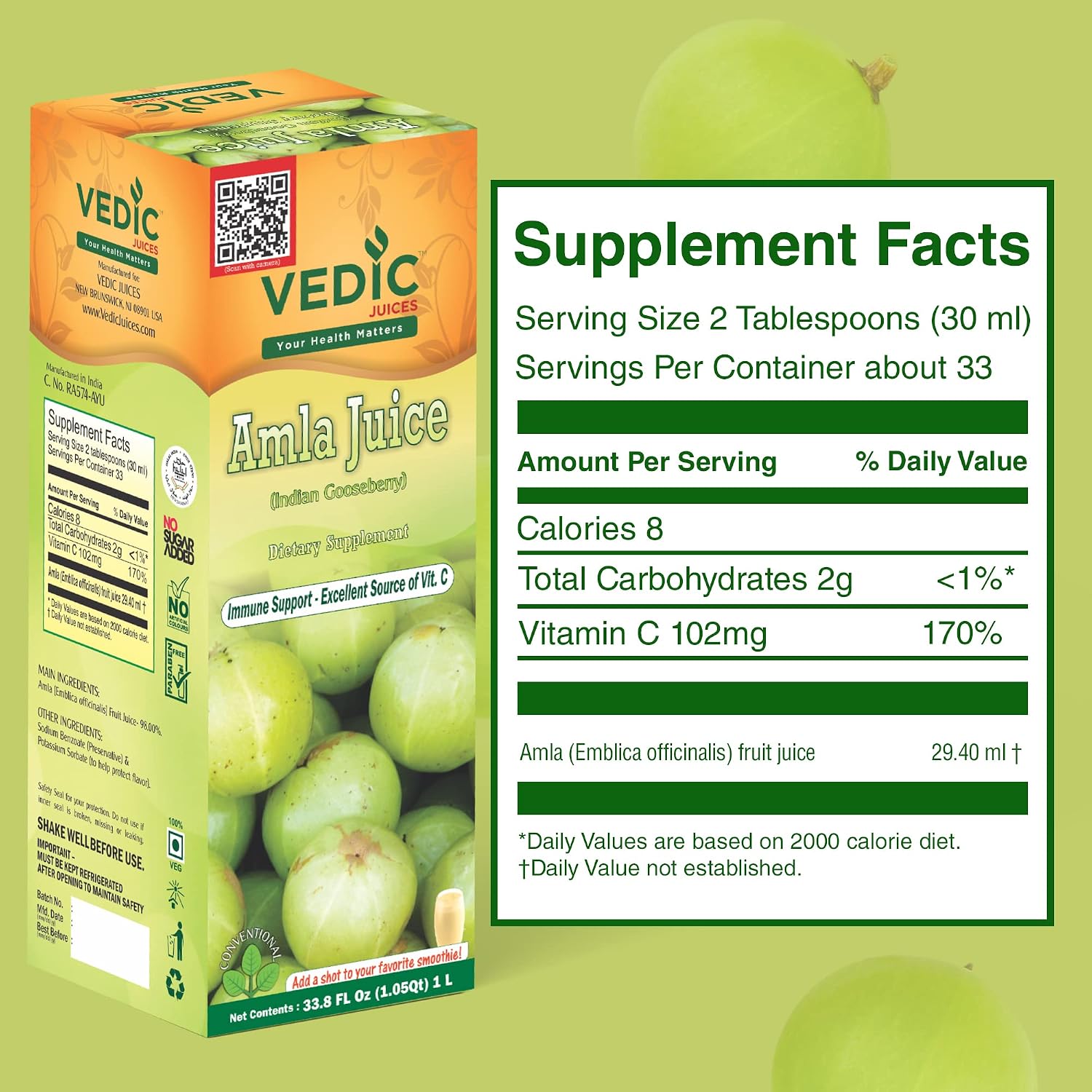 Zumo de Amla (Grosella India) - Bebida Herbal, Fuente Natural de Vitamina C - 1 Litro