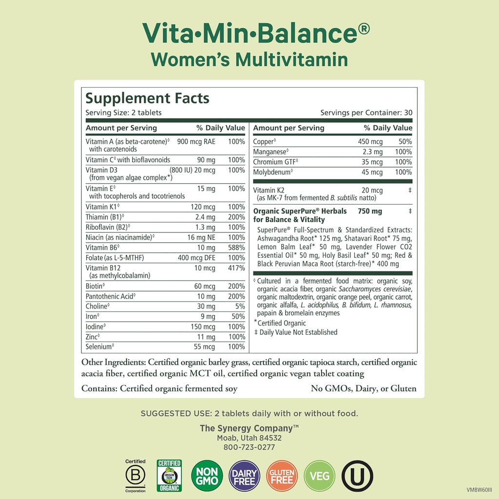 PURE SYNERGY Vita·Min·Balance - Multivitamínico para Mujeres con Hierro (60 Comprimidos)
