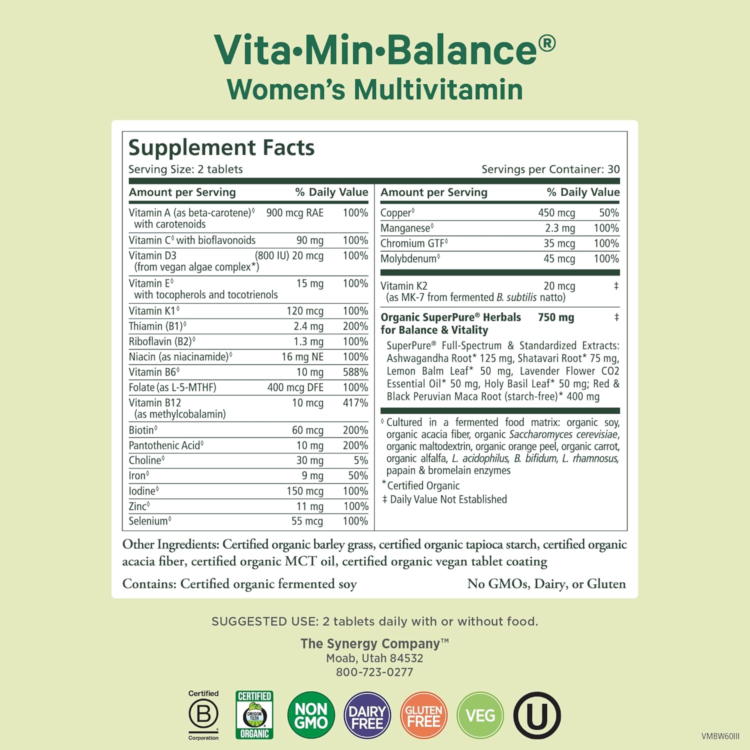PURE SYNERGY Vita·Min·Balance - Multivitamínico para Mujeres con Hierro (60 Comprimidos)