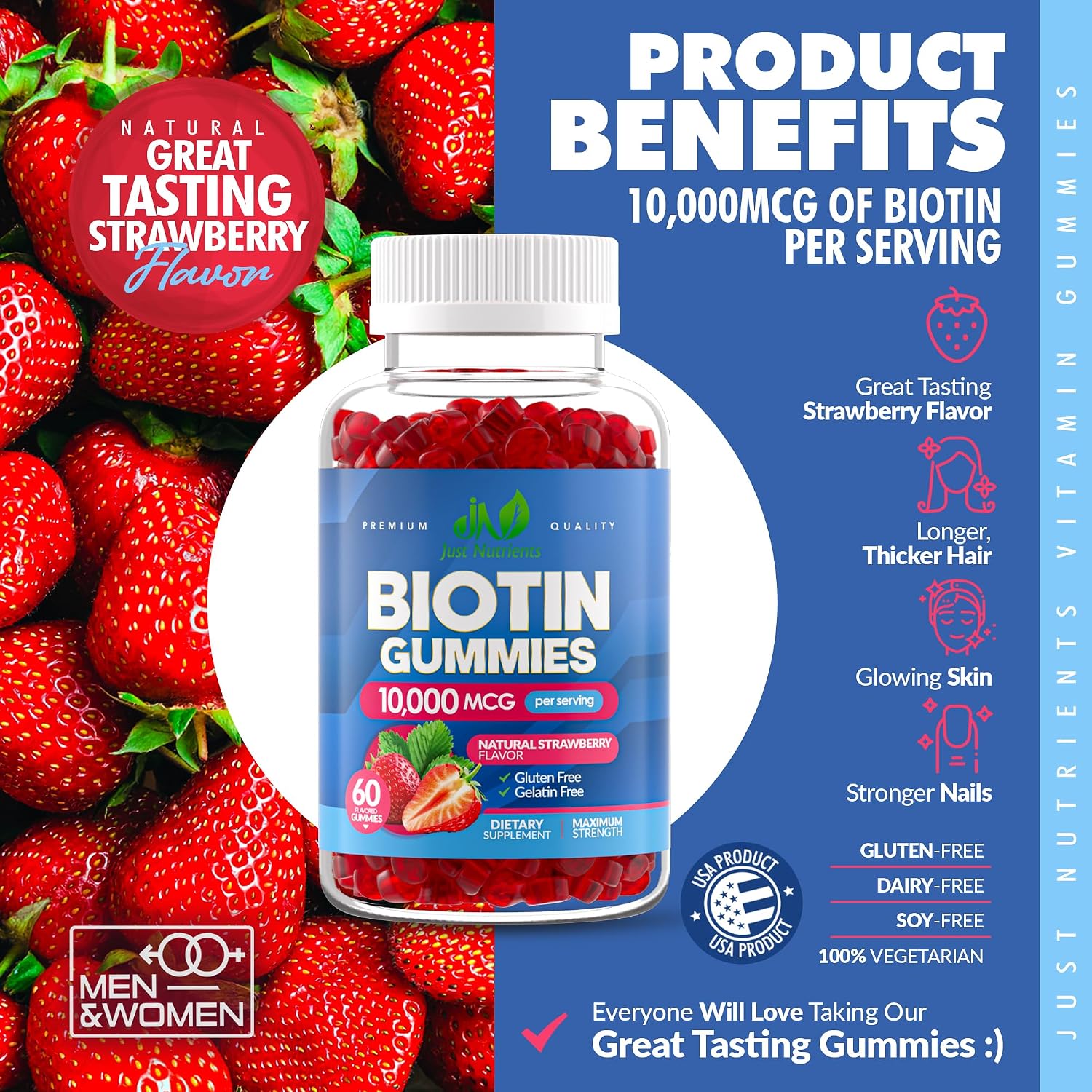 Biotina 10.000 µg Gominolas para el Mantenimiento de Cabello, Piel y Uñas - 60 Gominolas (1 Mes)