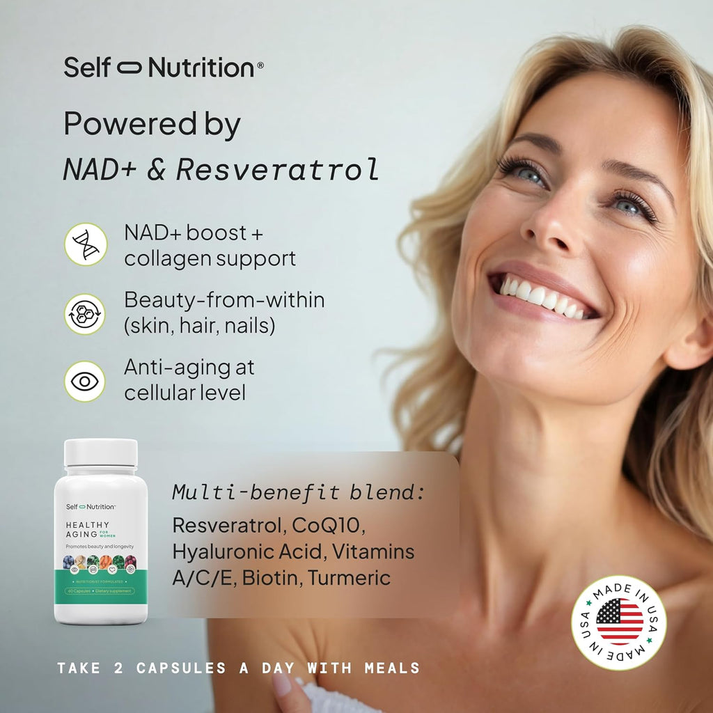 SELF NUTRITION NAD+ Resveratrol para Mujer con CoQ10, Biotina, Cúrcuma y Vitaminas A, C, E – 60 Cápsulas