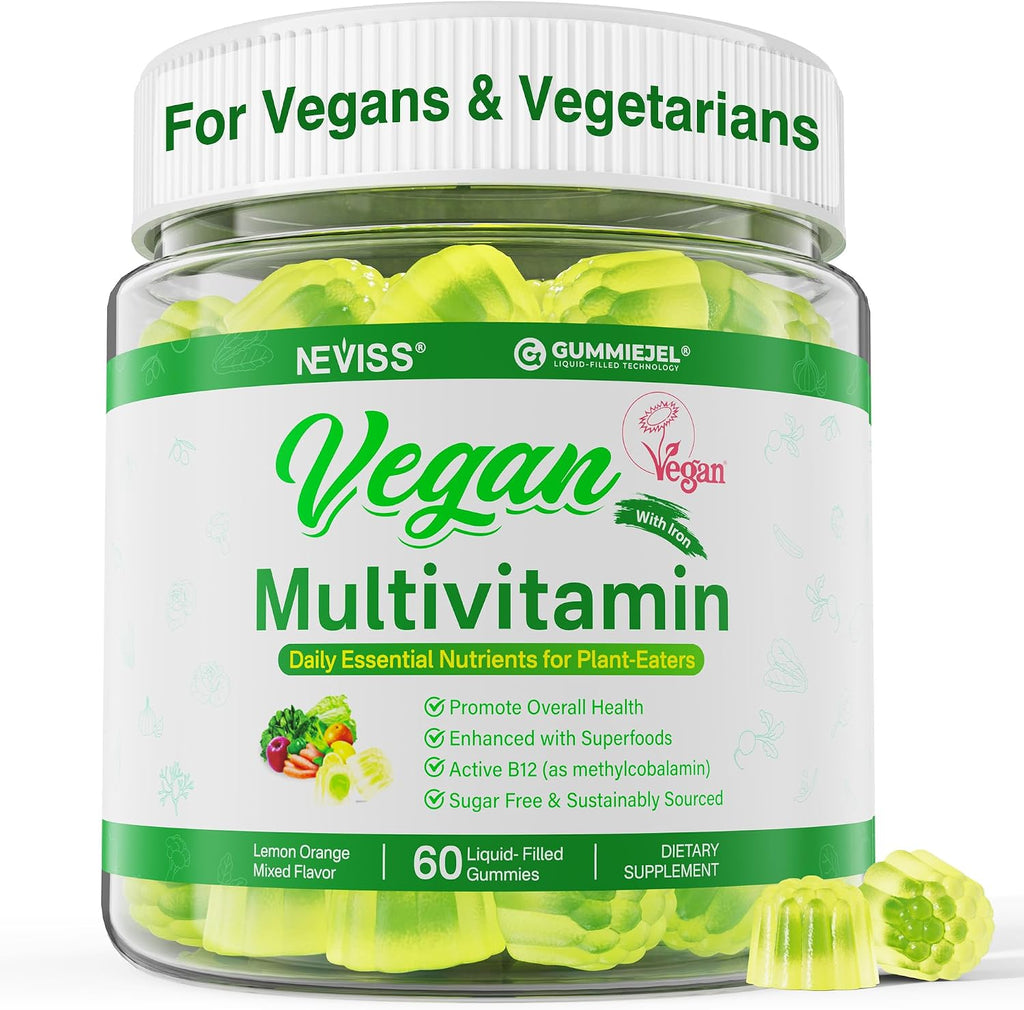 NEVISS Multivitamínico Vegano para Mujeres y Hombres - 60 Gominolas Sin Azúcar con B12, D3+K2, Omega-3, Hierro, Colina, Zinc