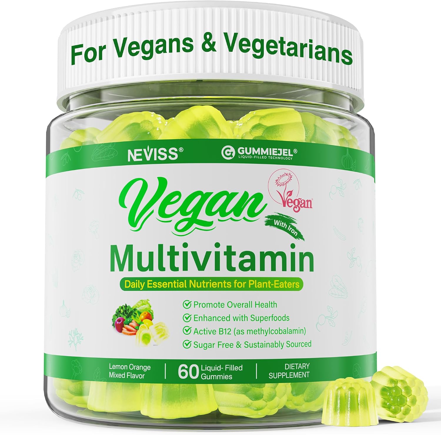 NEVISS Multivitamínico Vegano para Mujeres y Hombres - 60 Gominolas Sin Azúcar con B12, D3+K2, Omega-3, Hierro, Colina, Zinc