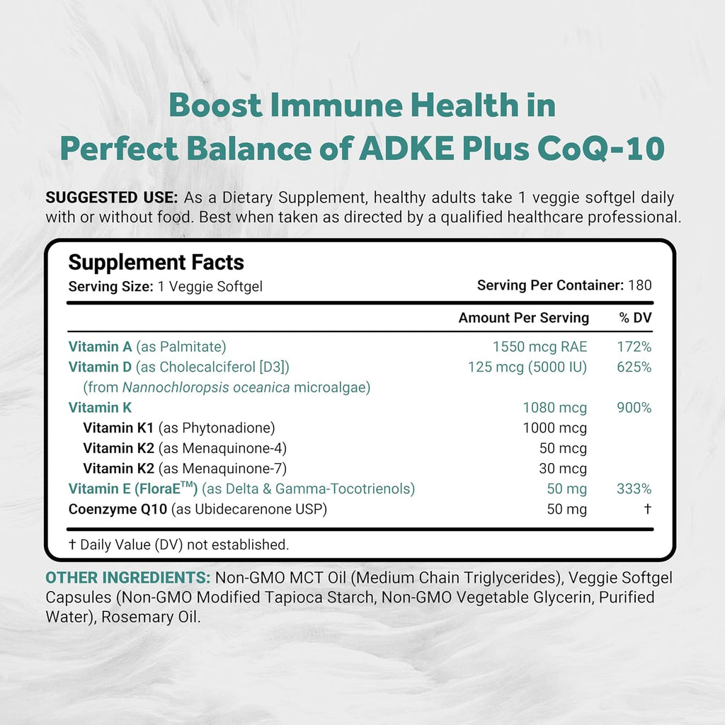 Naturalis Vegan Vitamin ADK con 50 mg de Tocotrienol y CoQ-10 | Nanoemulsionado en AOVE | No-GMO, Sin Soja, Certificado Vegano | 180 Cápsulas Vegetales (Sin Carragenina)