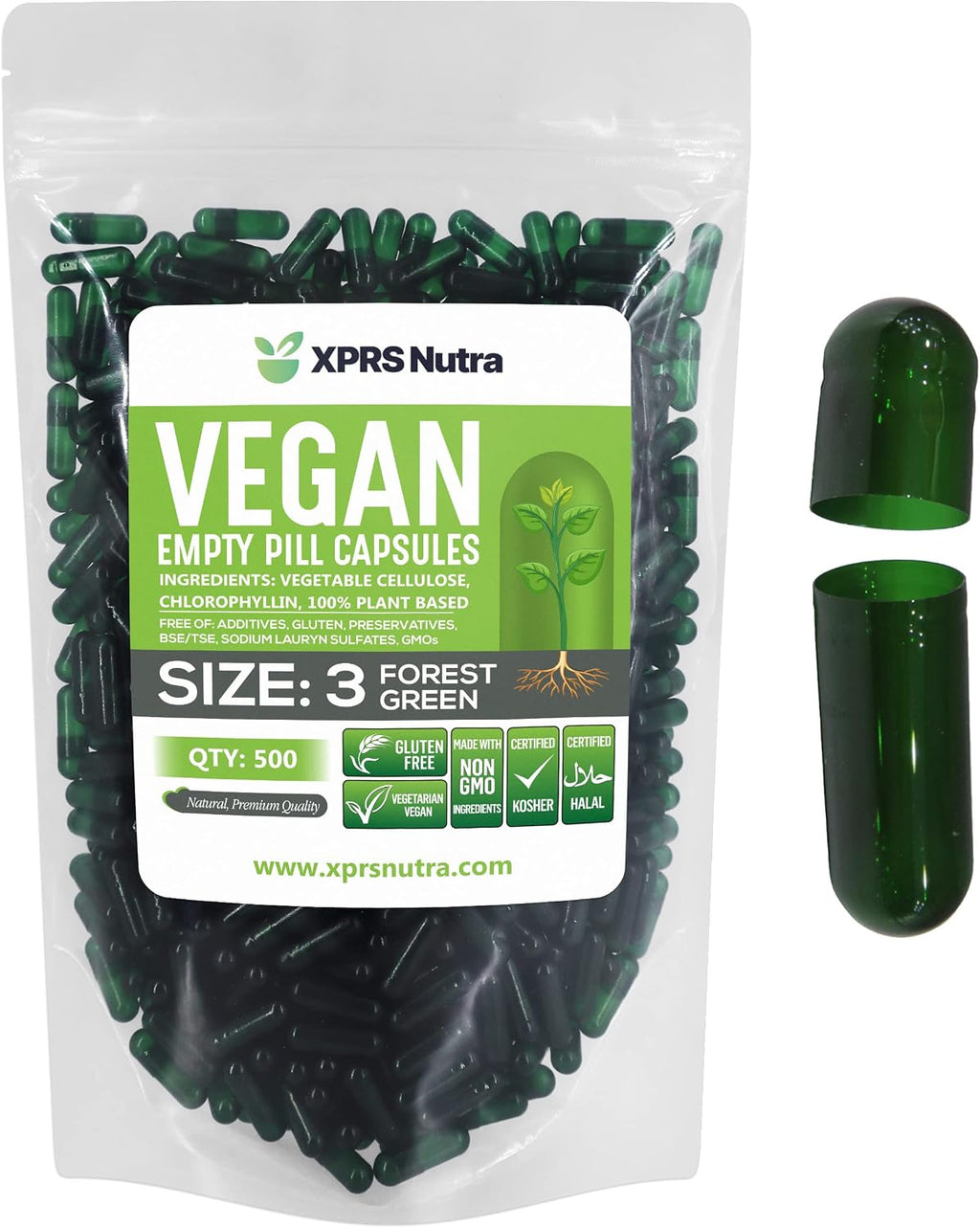 XPRS Nutra Cápsulas Vacías Tamaño 3 - 500 uds - Cápsulas Veganas Vegetarianas - Llenado DIY - Verde Bosque