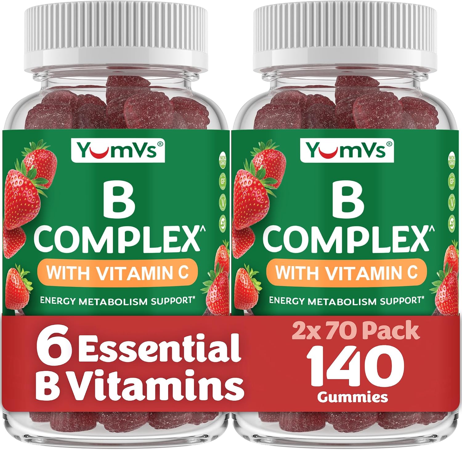 YUM-V'S Complejo B en gominolas con vitamina C – 1 al día para energía y sistema nervioso – Vegano, Kosher – 70 unidades (2 paquetes)