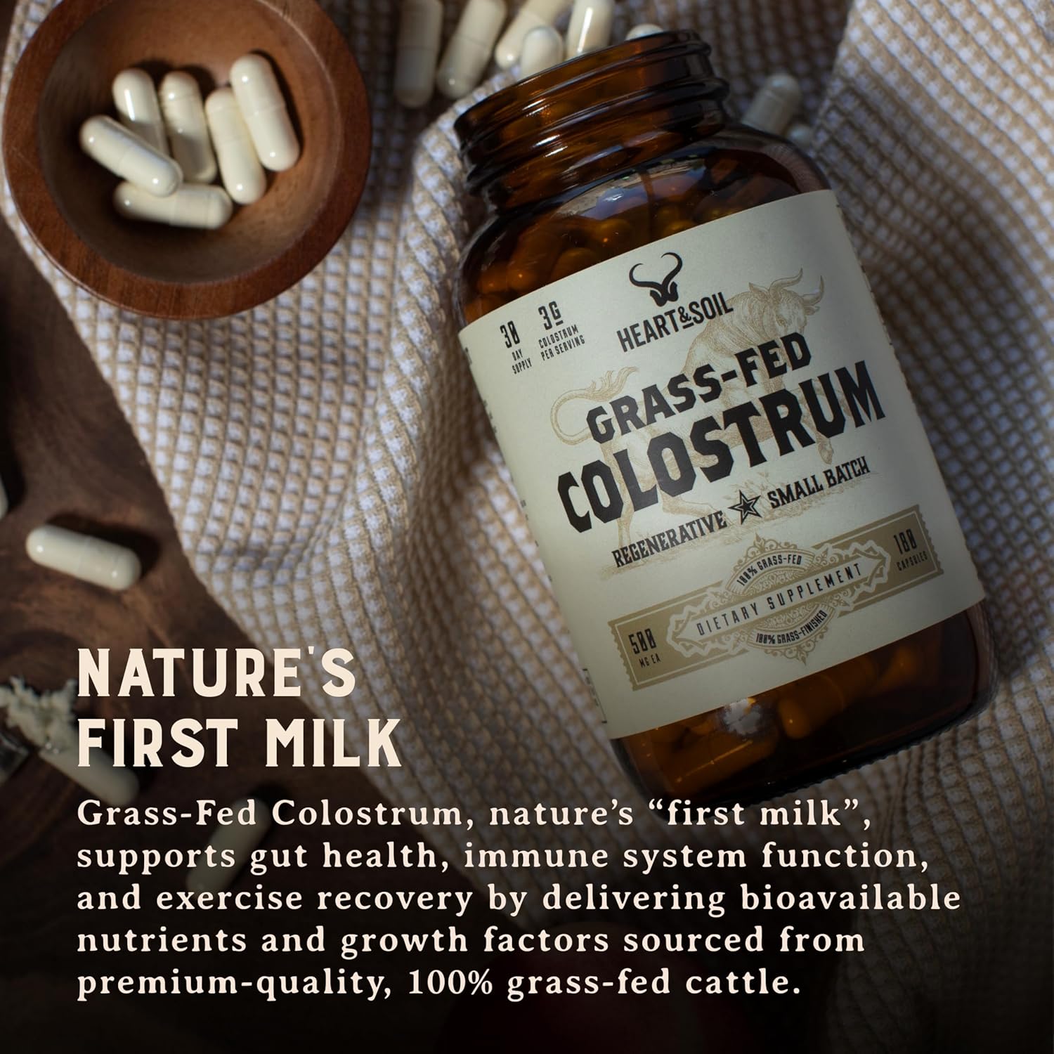 HEART & SOIL Colostro Bovino 100% Grass Fed – 3000mg, 180 Cápsulas