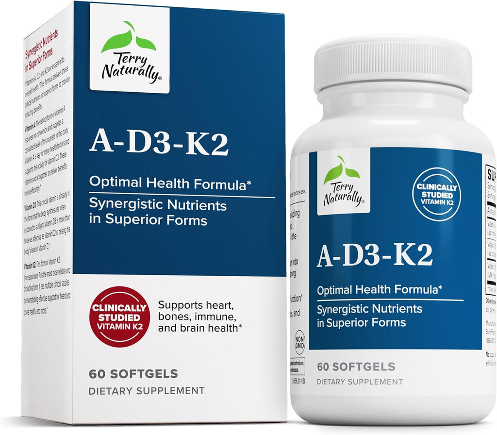 Terry Naturally A•D3•K2 - Suplemento con Vitaminas A, D3 y K2 para el Mantenimiento de la Visión, Huesos y Sistema Inmunitario (60 Cápsulas Blandas)