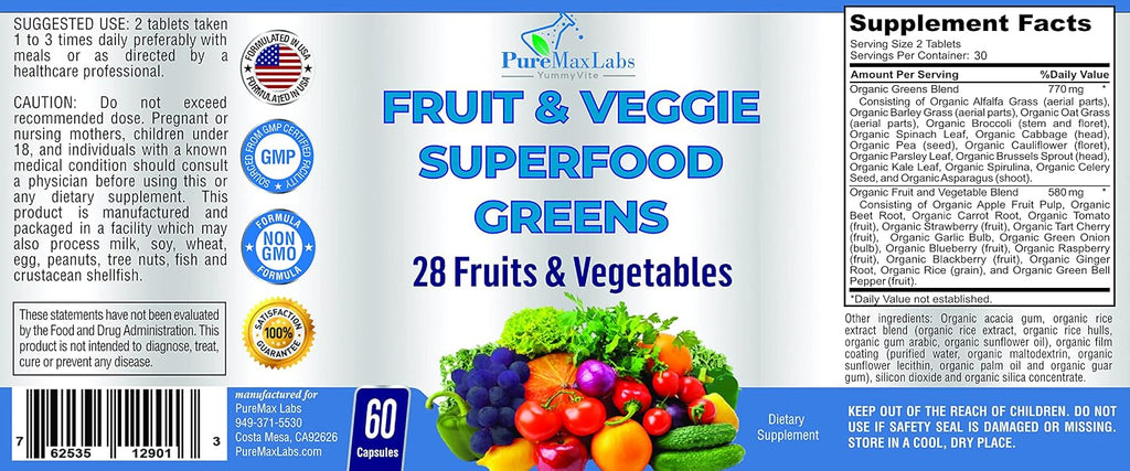 Fruit and Veggie Superfood Greens - 28 Frutas y Verduras Concentradas - 60 Comprimidos