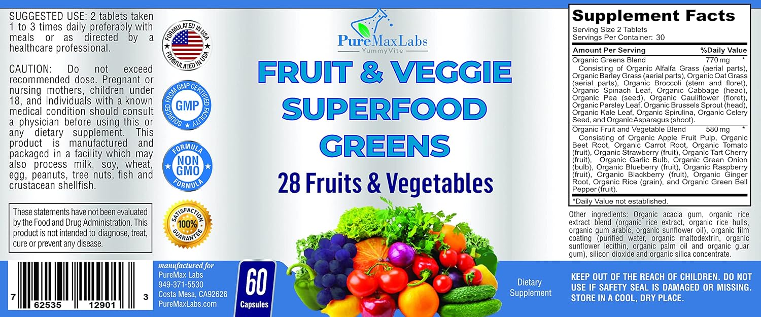 Fruit and Veggie Superfood Greens - 28 Frutas y Verduras Concentradas - 60 Comprimidos