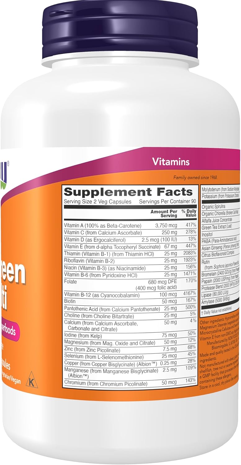 NOW Foods EcoGreen Multi Vitamin con Superalimentos Verdes, Sin Hierro, 180 Cápsulas Vegetales