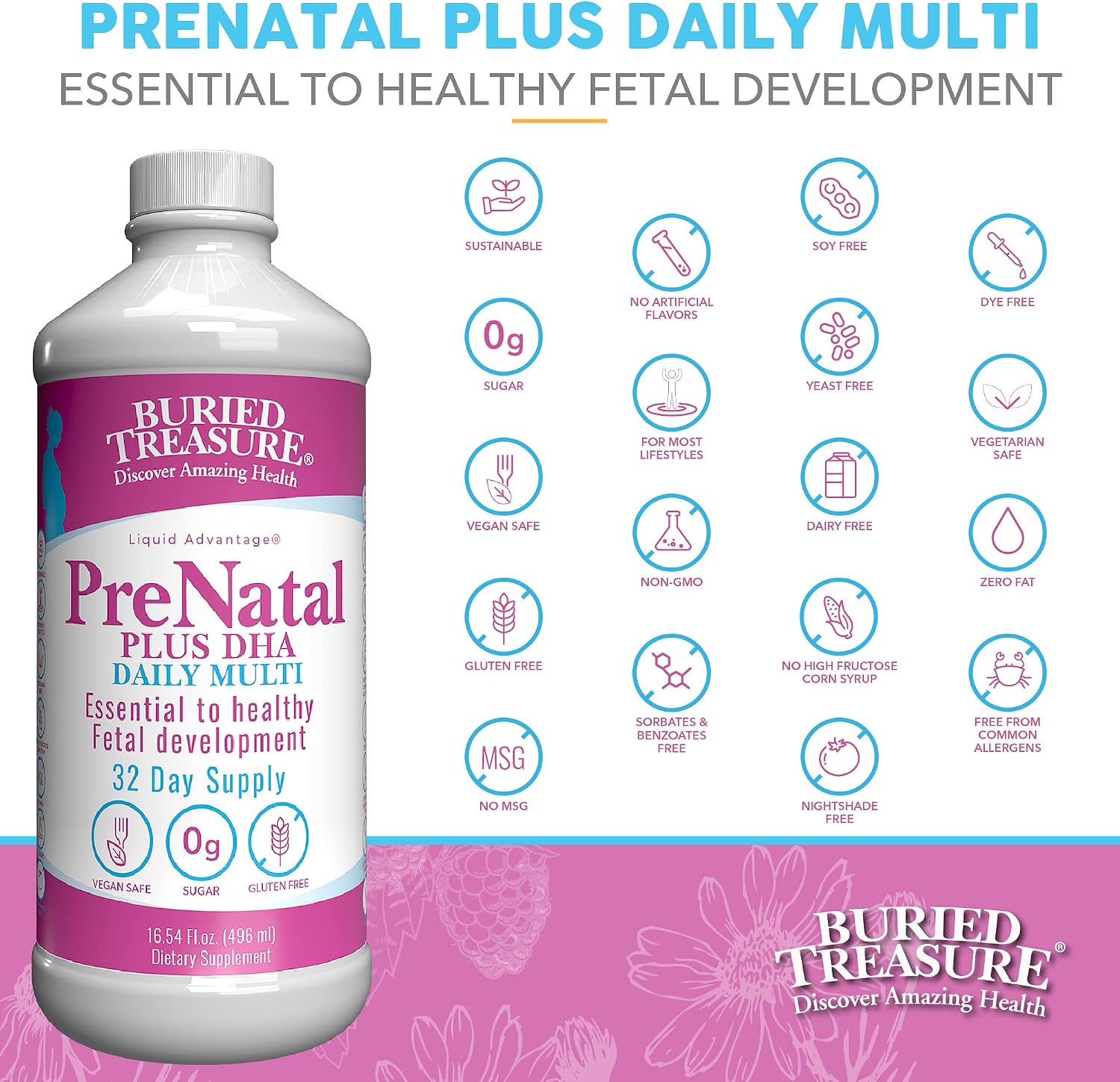 Buried Treasure Prenatal Plus DHA Complete - Liquid Prenatal Supplement with DHA and Iron