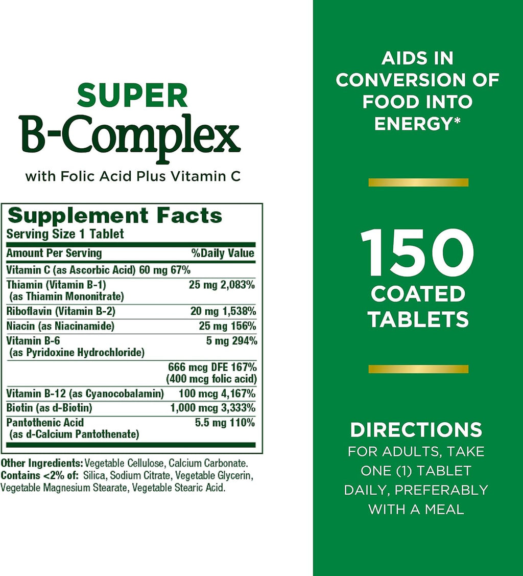 Nature's Bounty Complejo B Super con Vitamina C y Ácido Fólico, Apoyo Inmunológico y Energético - 150 comprimidos