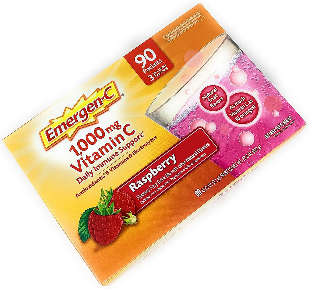 Emergen-C Complemento Alimenticio con 1.000 mg de Vitamina C, Sabor Frambuesa, 90 Sobres