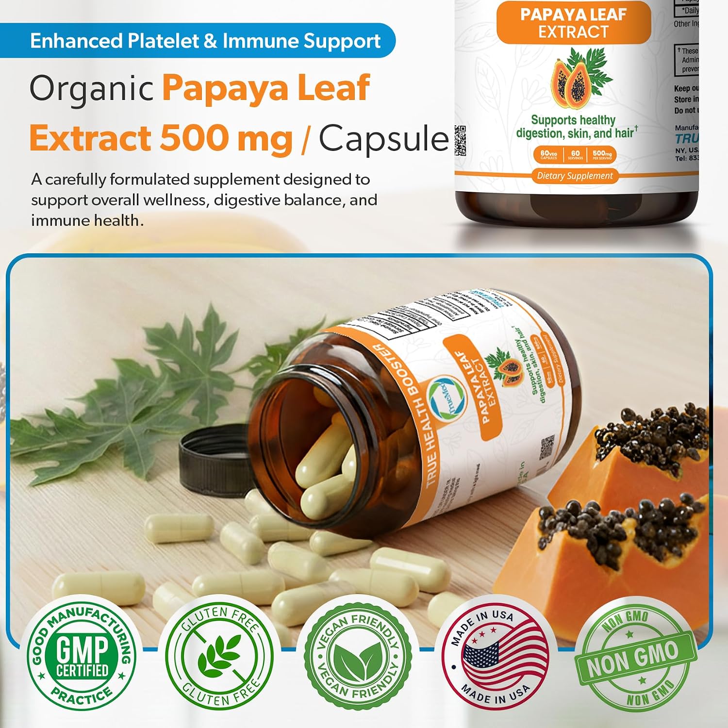 Extracto de Hoja de Papaya 500 mg - 60 Cápsulas - TrueMed