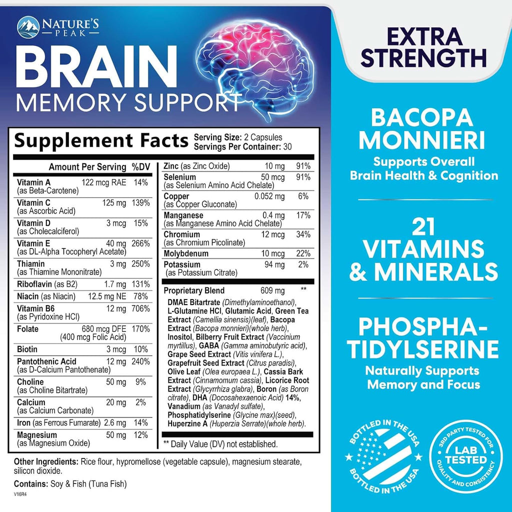 Nature's Peak Suplemento para la Memoria y Concentración - 3X Fuerza Nootrópico con Bacopa, Ginkgo Biloba y DMAE - 60 Cápsulas
