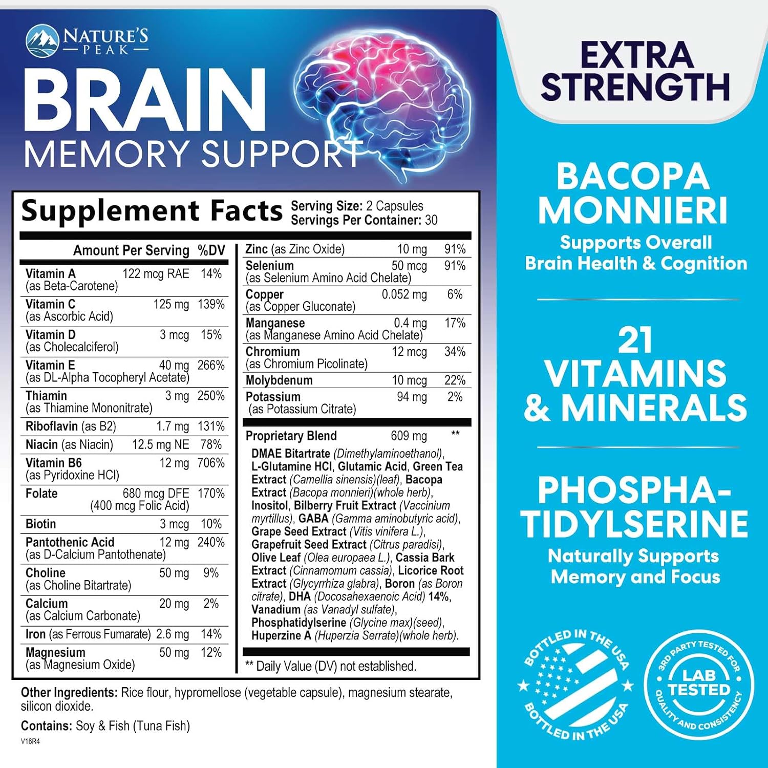 Nature's Peak Suplemento para la Memoria y Concentración - 3X Fuerza Nootrópico con Bacopa, Ginkgo Biloba y DMAE - 60 Cápsulas