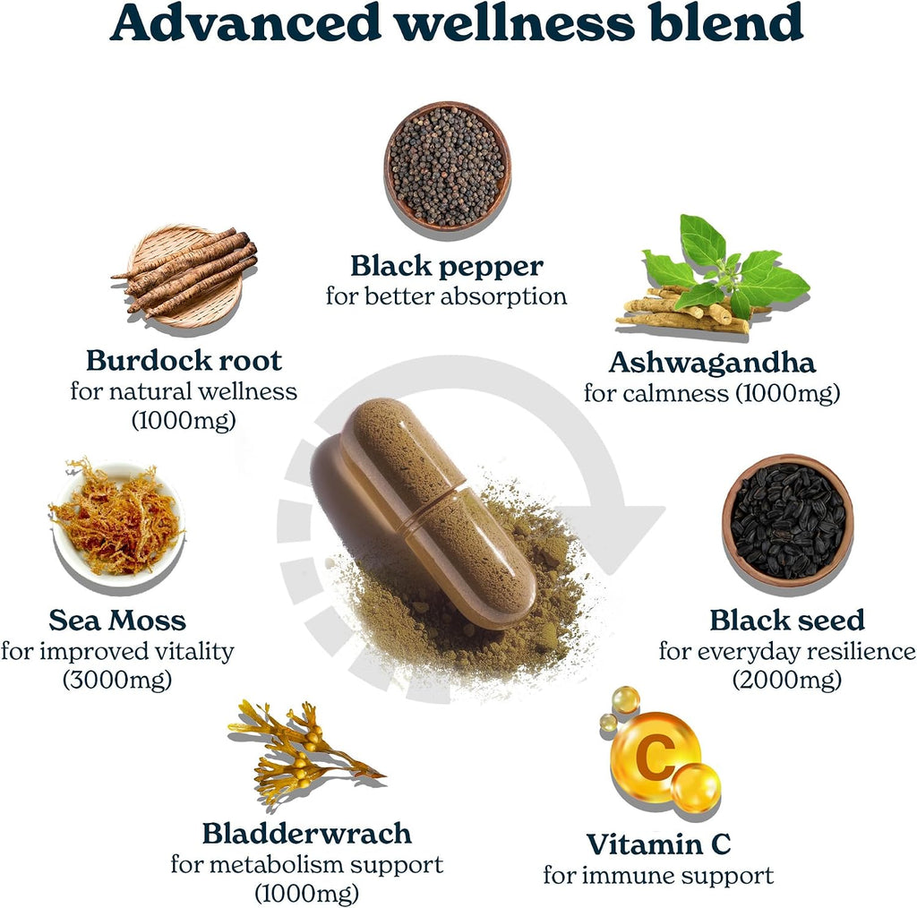 Better Alt Complejo de Sea Moss, Aceite de Semilla Negra, Ashwagandha, Bardana y Bladderwrack con Vitamina C y Pimienta Negra | 120 Cápsulas