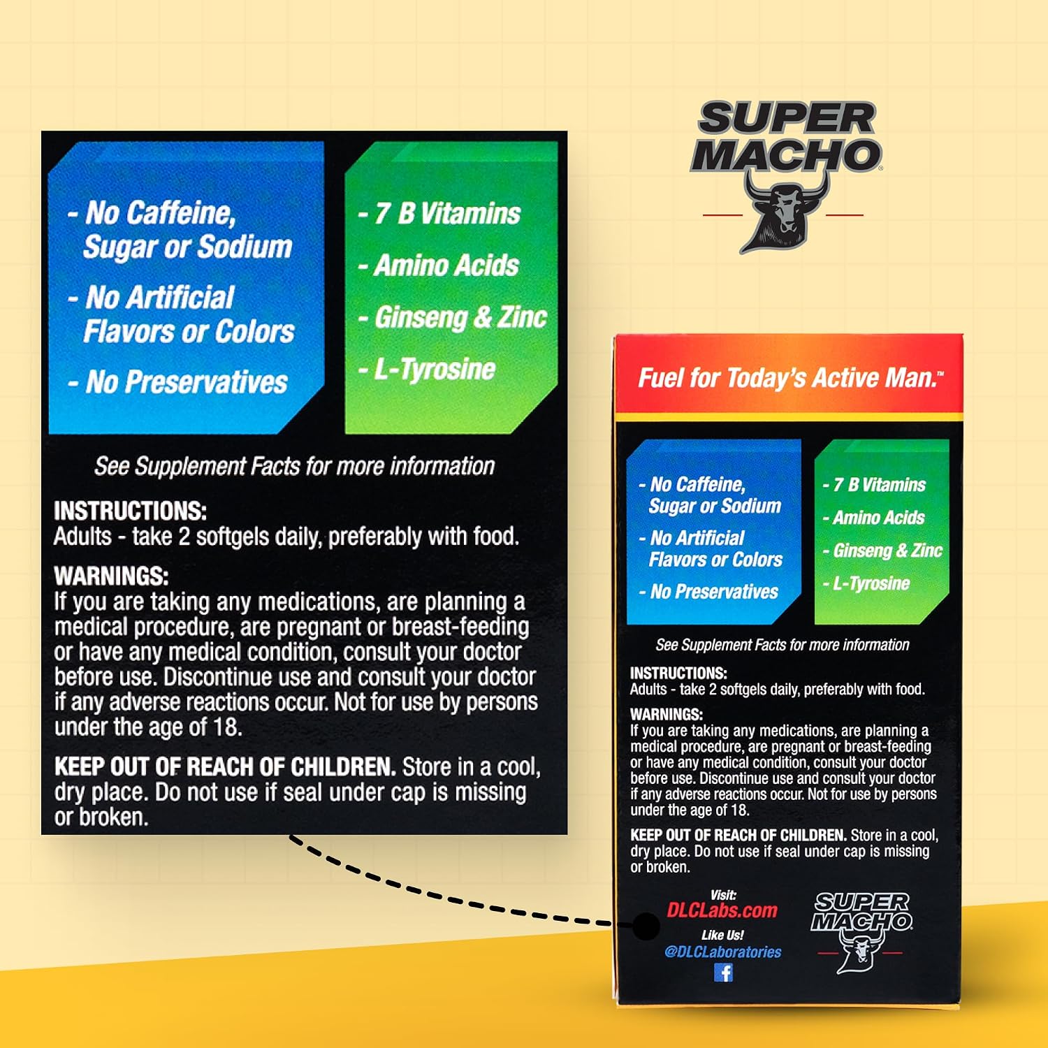 Super Macho, Complejo Vitamínico B y Aminoácidos de Alta Potencia para Hombres Activos, Sin Cafeína ni Azúcar, 50 Cápsulas Blandas
