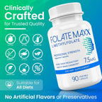 FOLATE MAXX L-Metilfolato 7.5mg, 90 Cápsulas – Complemento de Metil Folato de Alta Potencia para Mujeres y Hombres – 5-MTHF para Energía, Ánimo y Concentración – No-GMO, Sin Gluten (Suministro de 3 Meses)
