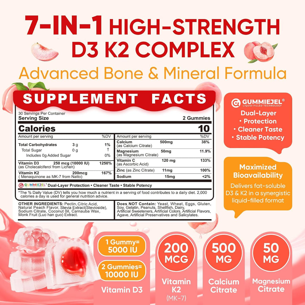 Vitamin D3 K2 Gummies con Calcio, Magnesio, Vitamina C y Zinc - 60 Gominolas Veganas
