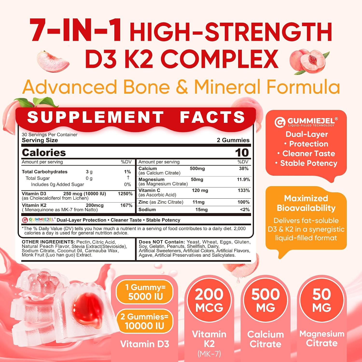 Vitamin D3 K2 Gummies con Calcio, Magnesio, Vitamina C y Zinc - 60 Gominolas Veganas