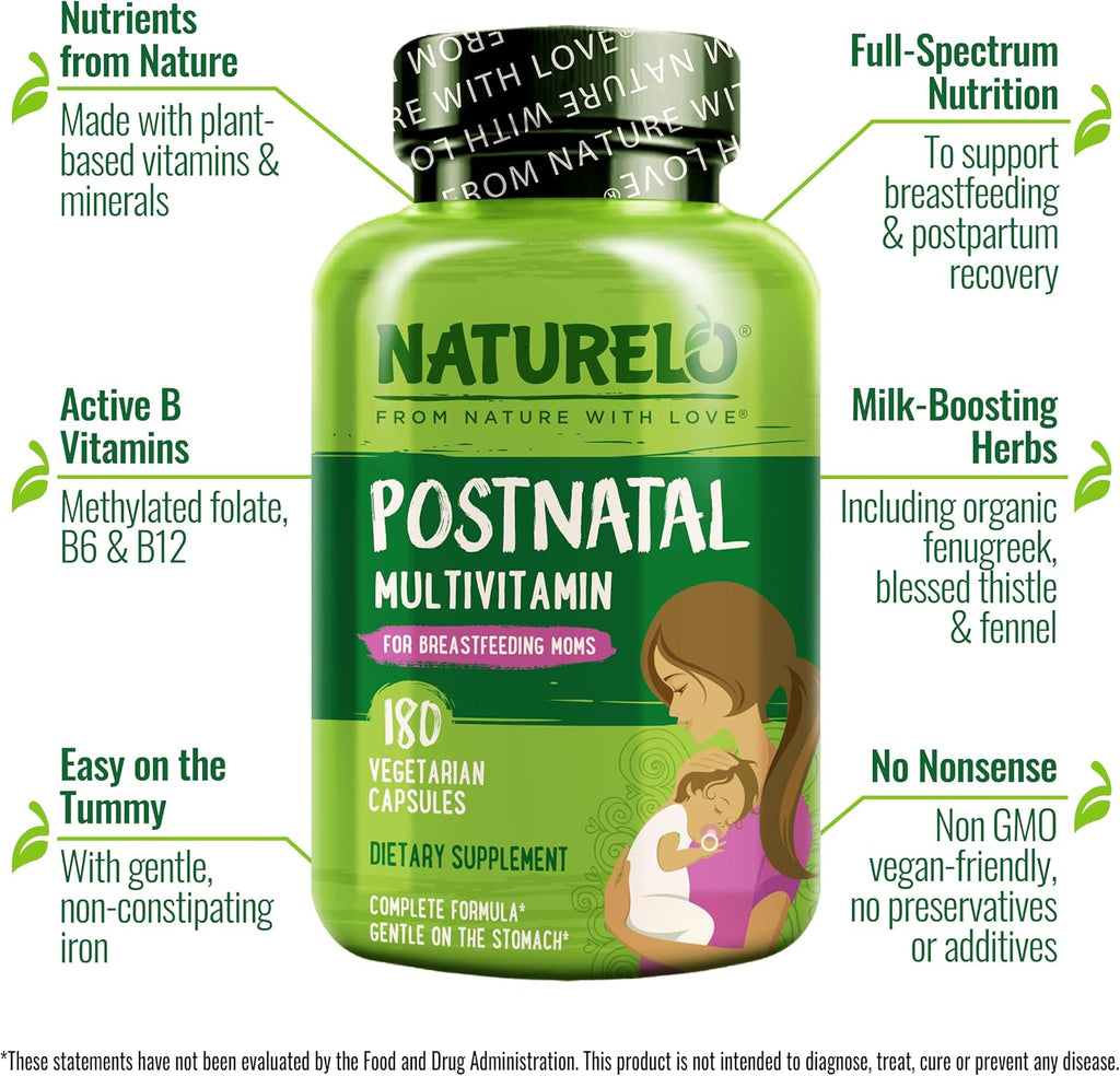 NATURELO Postnatal Multivitamin - Suplemento para Madres Lactantes - Vitaminas Vegetales, Folato, Hierro Suave - 180 Cápsulas