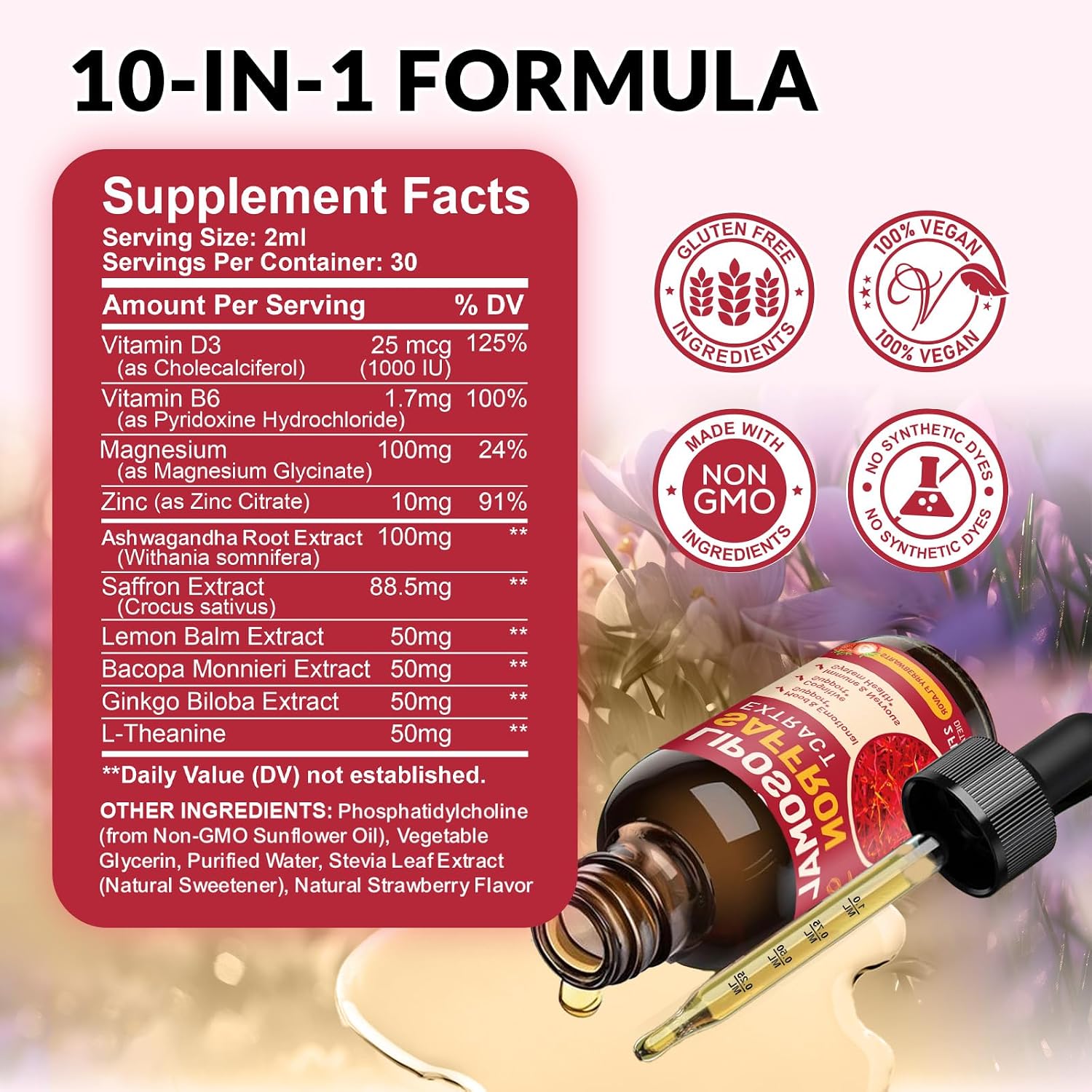 ReviNutra Saffron Extract Liposomal Drops – 88.5mg con Magnesio, Zinc, Ashwagandha, L-Theanina, Vitamina B6, D3 – Sabor Fresa 59ml (2 Fl Oz)