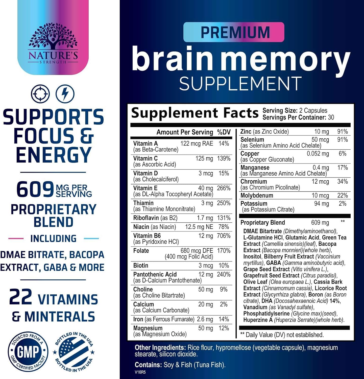 Brain Memory Supplement Pills - 3X Strength Nootropics for Concentration, Clarity & Focus Support - Brain Health Cognitive Vitamins with Bacopa, Phosphatidylserine & DMAE, Brain Booster - 60 Capsules