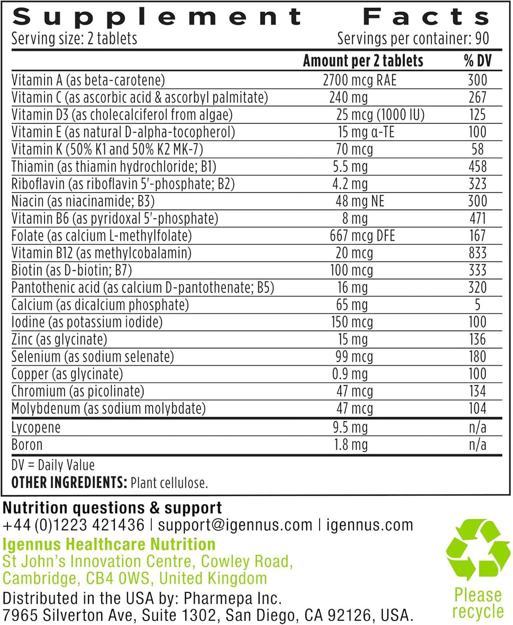 Igennus Multivitamínico Metilado para Hombres con 22 Activos, 180 Comprimidos