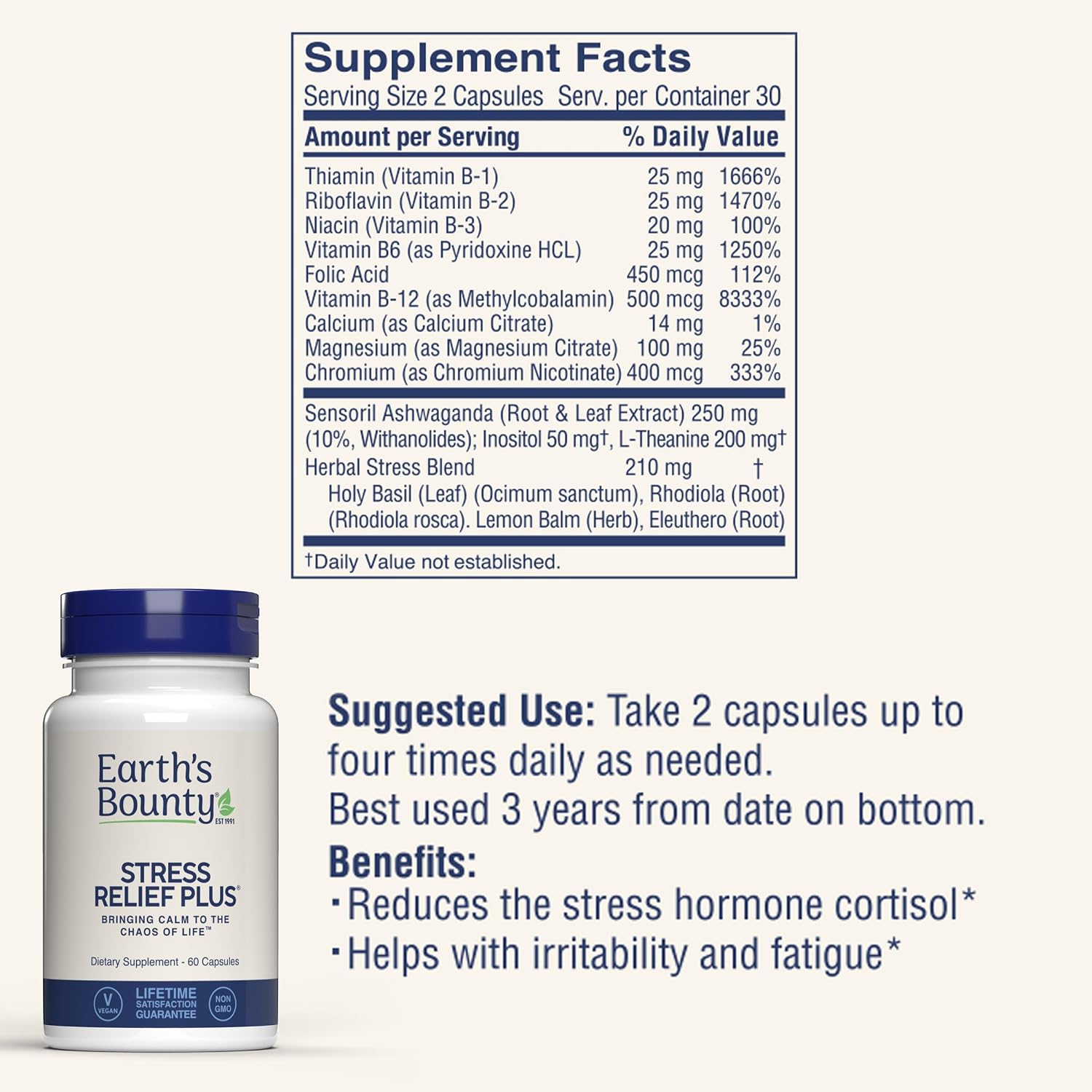 Earth's Bounty Stress Relief Plus - 60 Cápsulas Vegetales - Fórmula Natural Anti-Estrés