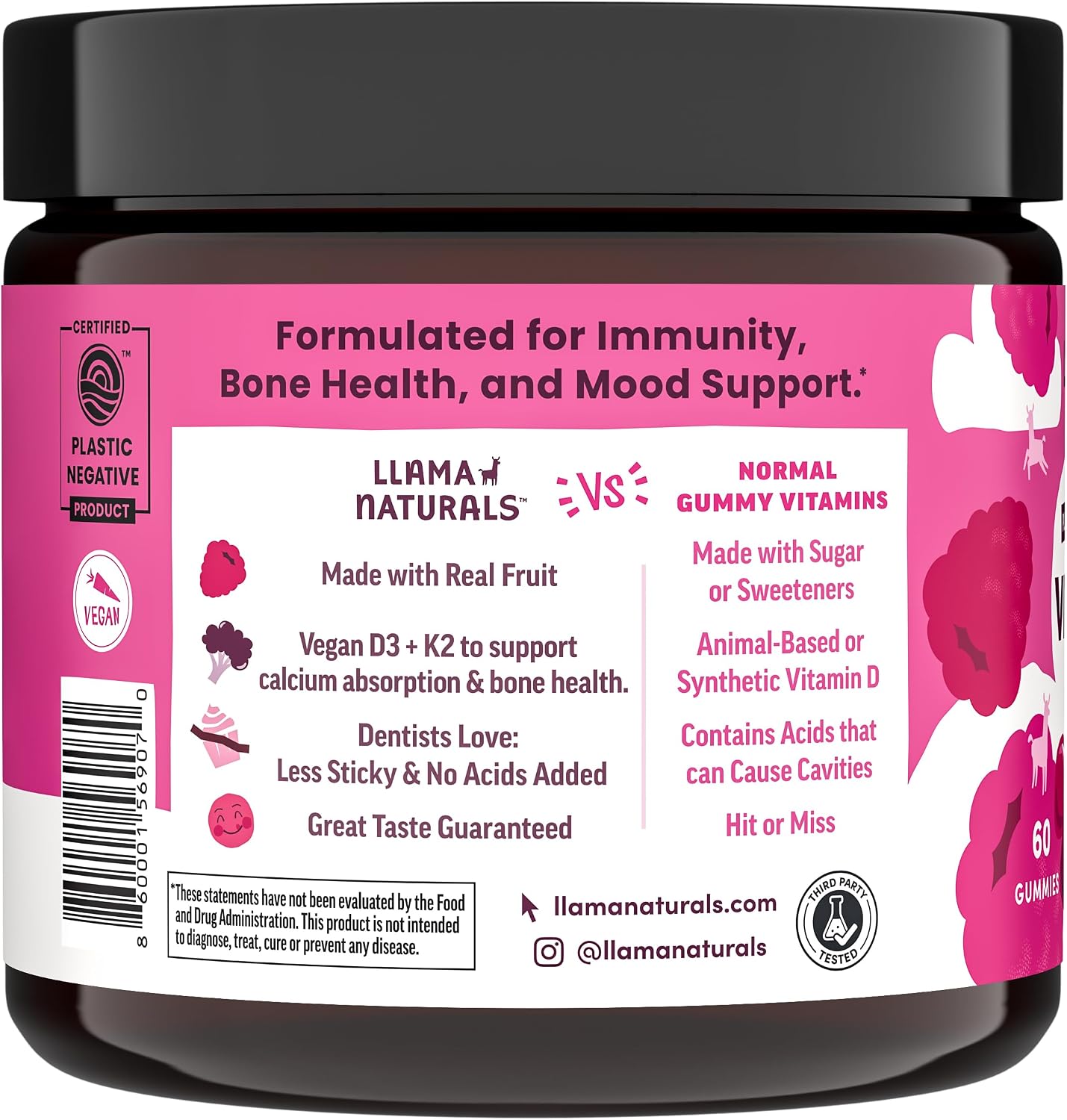 Llama Naturals Vitamina D3 Vegana Orgánica - Gominolas de Fruta Real, 60 unidades