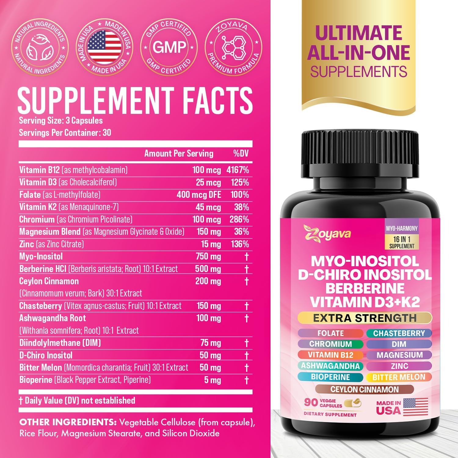 Zoyava Myo Inositol Complex – 750 mg Myo-Inositol con Berberina, D-Chiro Inositol, Ashwagandha y más – 180 Cápsulas Veganas
