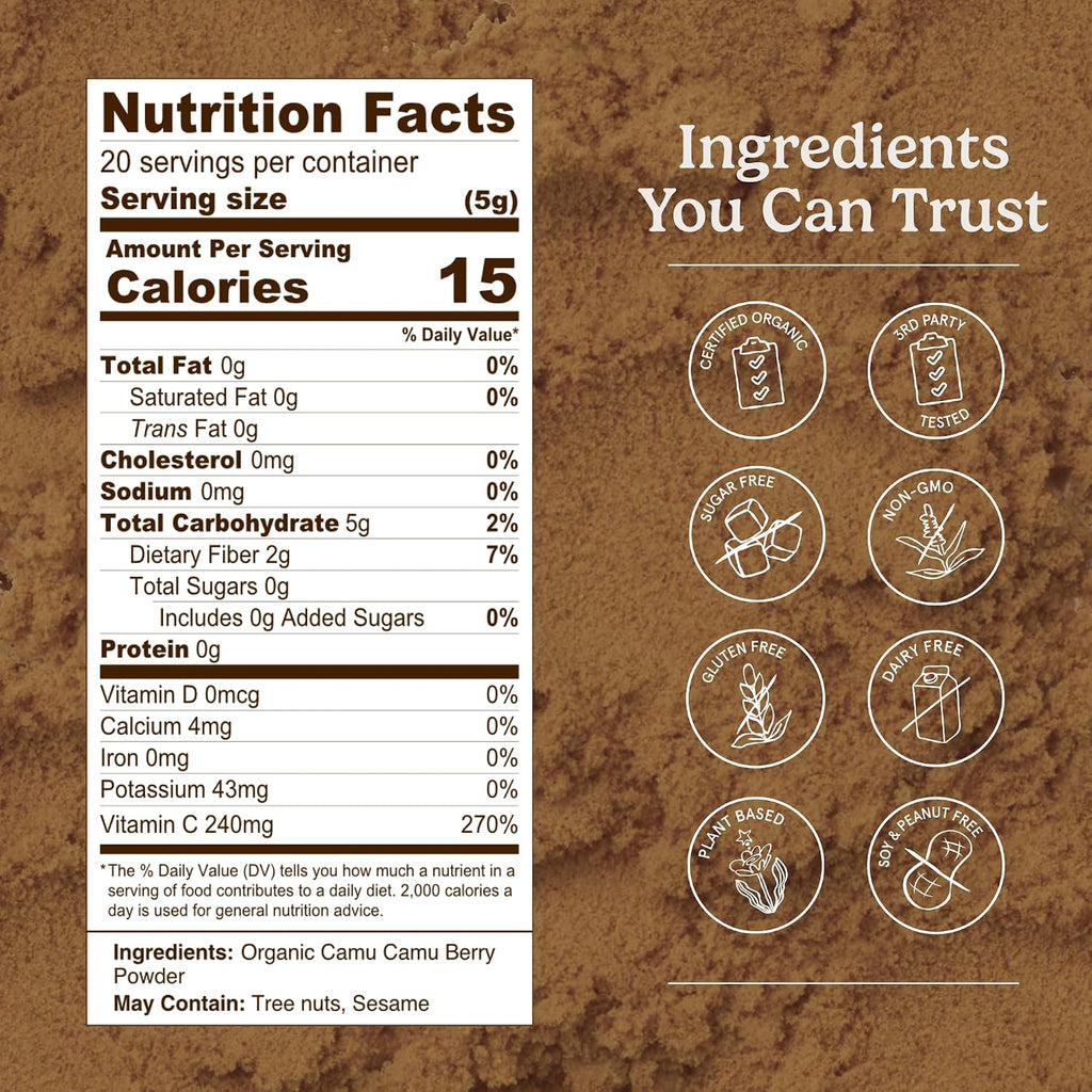 Organic Traditions Camu Camu en Polvo Orgánico, Superfruta Amazónica, Rico en Vitamina C Natural, 100g