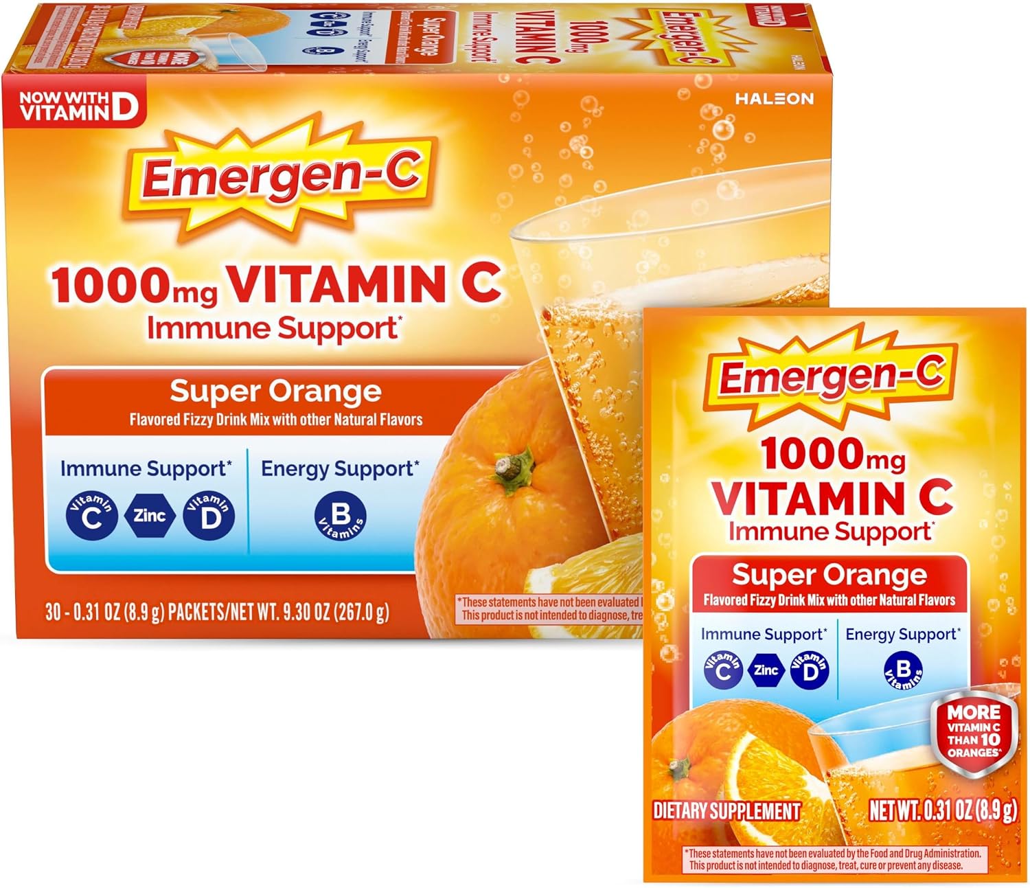 Emergen-C Vitamina C 1000 mg con Zinc y Vitaminas B, Sabor Naranja, 30 Sobres