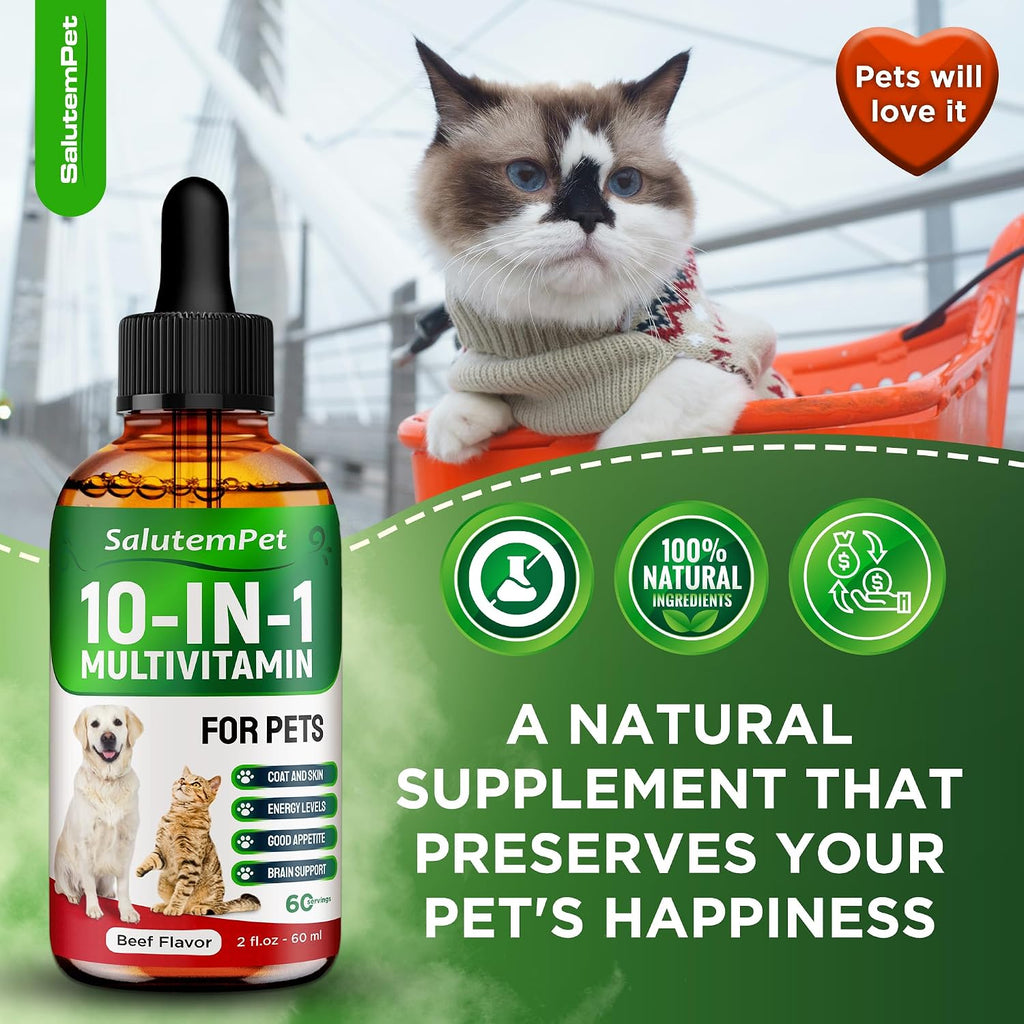 Multivitamínico Líquido para Perros y Gatos 10 en 1 - Vitaminas C, D3, Grupo B, Glucosamina, Arándano - Sabor a Carne - 60 ml
