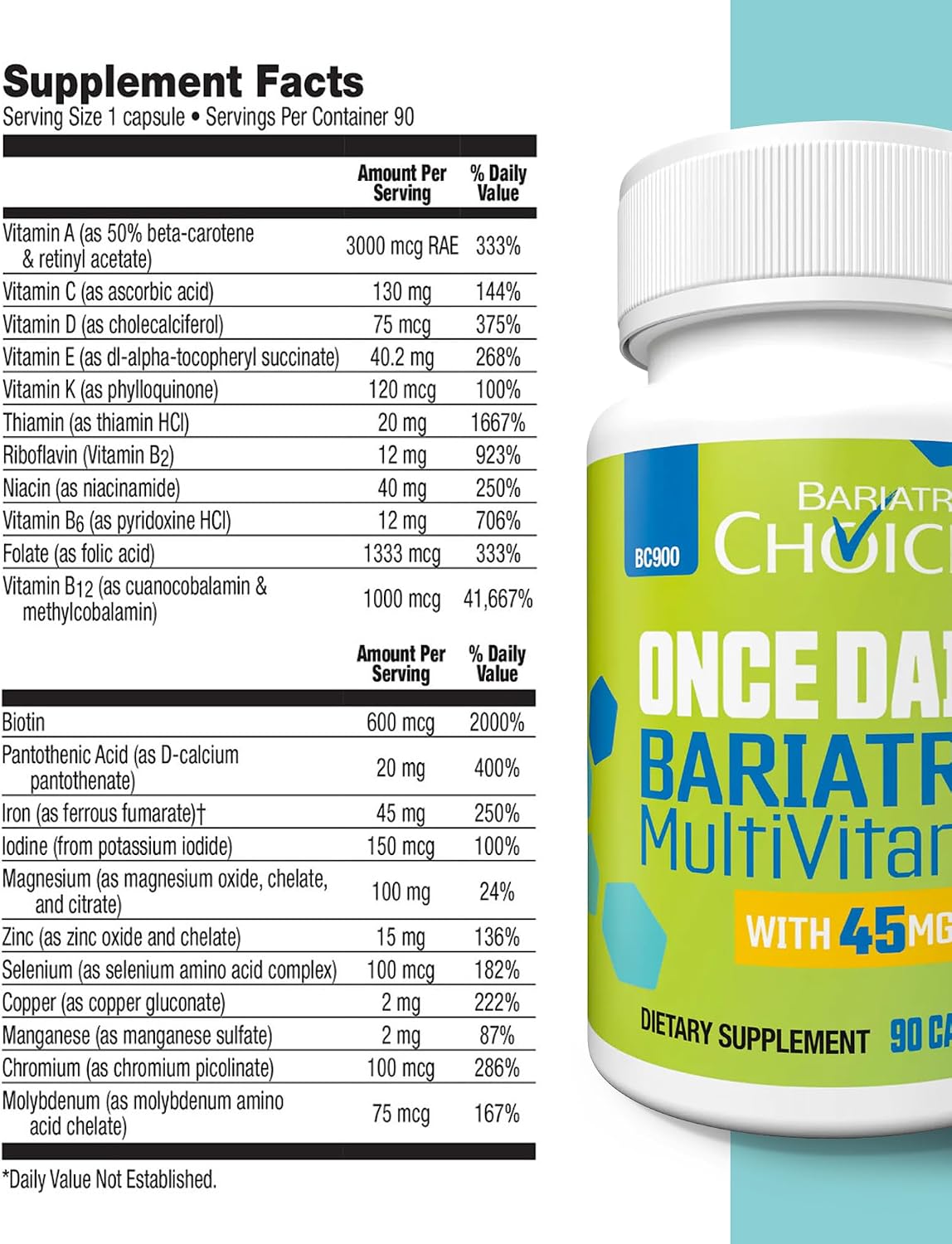 Bariátrico Multivitamínico con Hierro 45mg – Una Vez al Día – Cápsulas Fáciles de Tragar – 90 Cápsulas (Suministro 3 Meses)