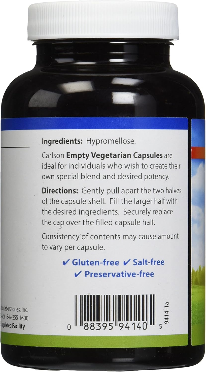 Carlson Labs Empty Vegetarian Capsules, 200 Count (Medium or Small Size)