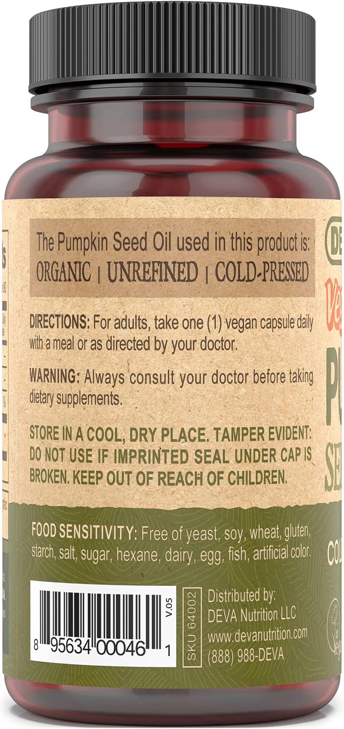 DEVA Nutrition Aceite de Semilla de Calabaza Vegano 500 mg, Prensado en Frío y Sin Refinar - 90 Cápsulas