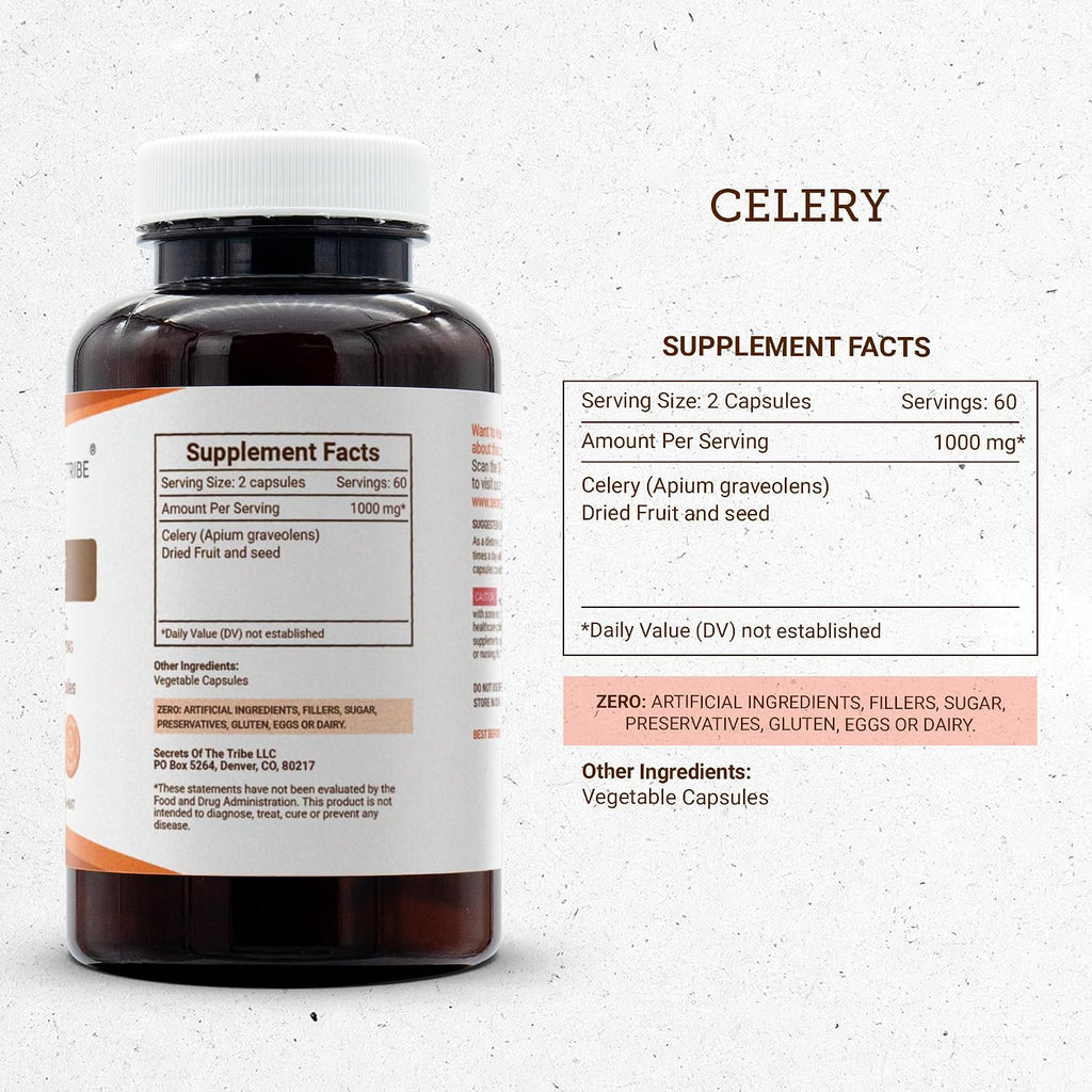 Secrets of the Tribe Celery - 120 Cápsulas de 1000 mg de Apio (Apium graveolens)