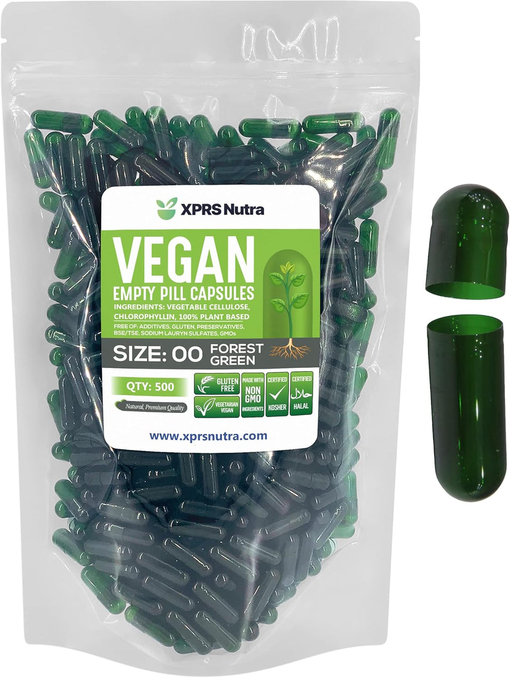 XPRS Nutra Cápsulas Vacías Tamaño 00 - 500 uds - Cápsulas Veganas - Cápsulas Vegetales para Rellenar - Verde Bosque